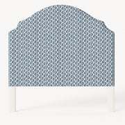 Grace upholstered headboard in Fabric&Frame Buxton Blue, shown on a white bed base in a modern bedroom.