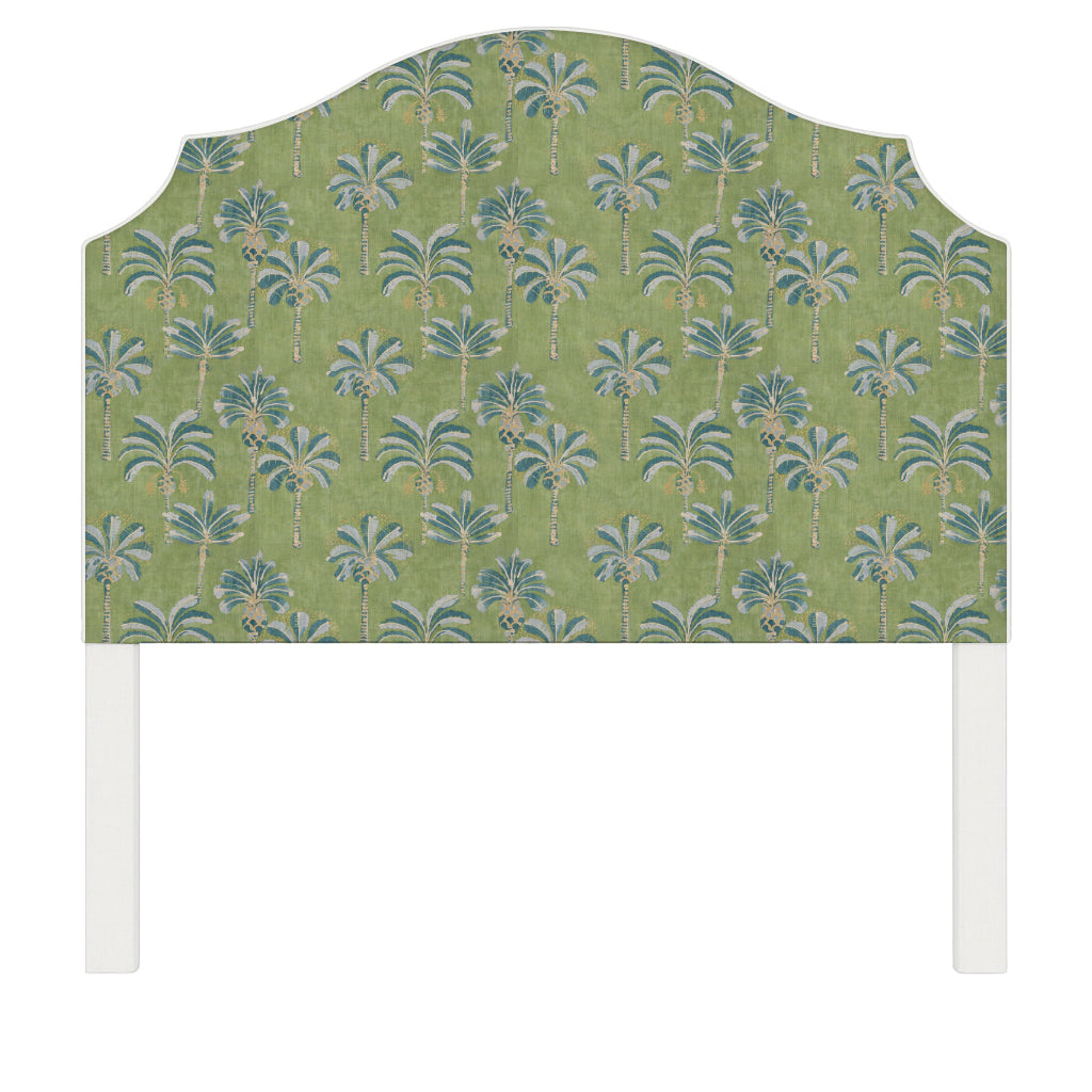 Bella upholstered headboard in Fabric&Frame Oasis, shown on a white bed base in a modern bedroom.
