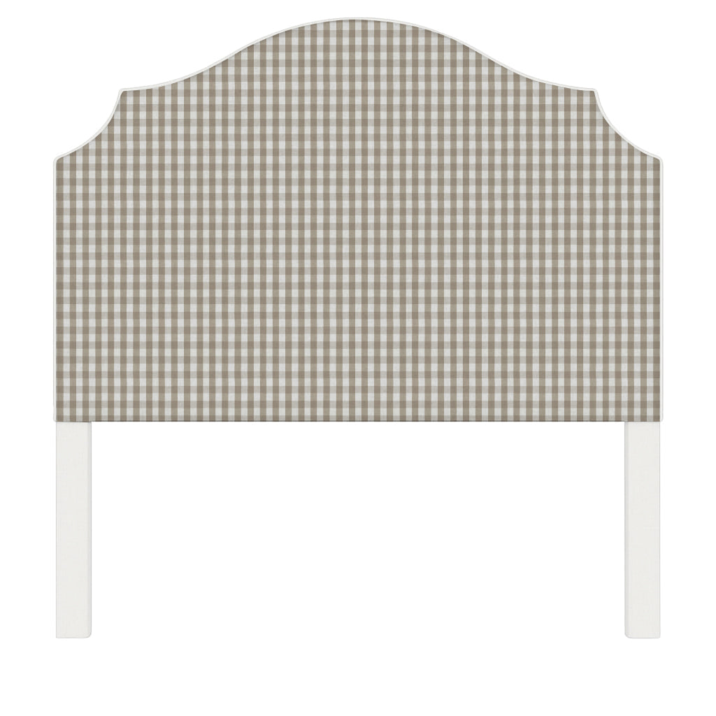 Bella upholstered headboard in Fabric&Frame Indigo, shown on a white bed base in a modern bedroom.
