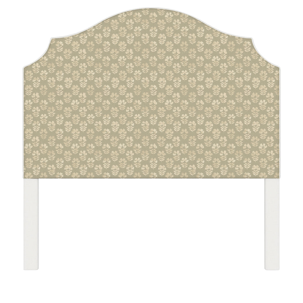 Bella upholstered headboard in Fabric&Frame Natural, shown on a white bed base in a modern bedroom.
