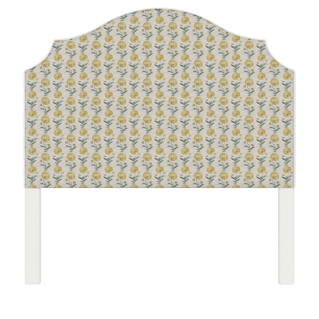 Bella upholstered headboard in Fabric&Frame Ochre, shown on a white bed base in a modern bedroom.