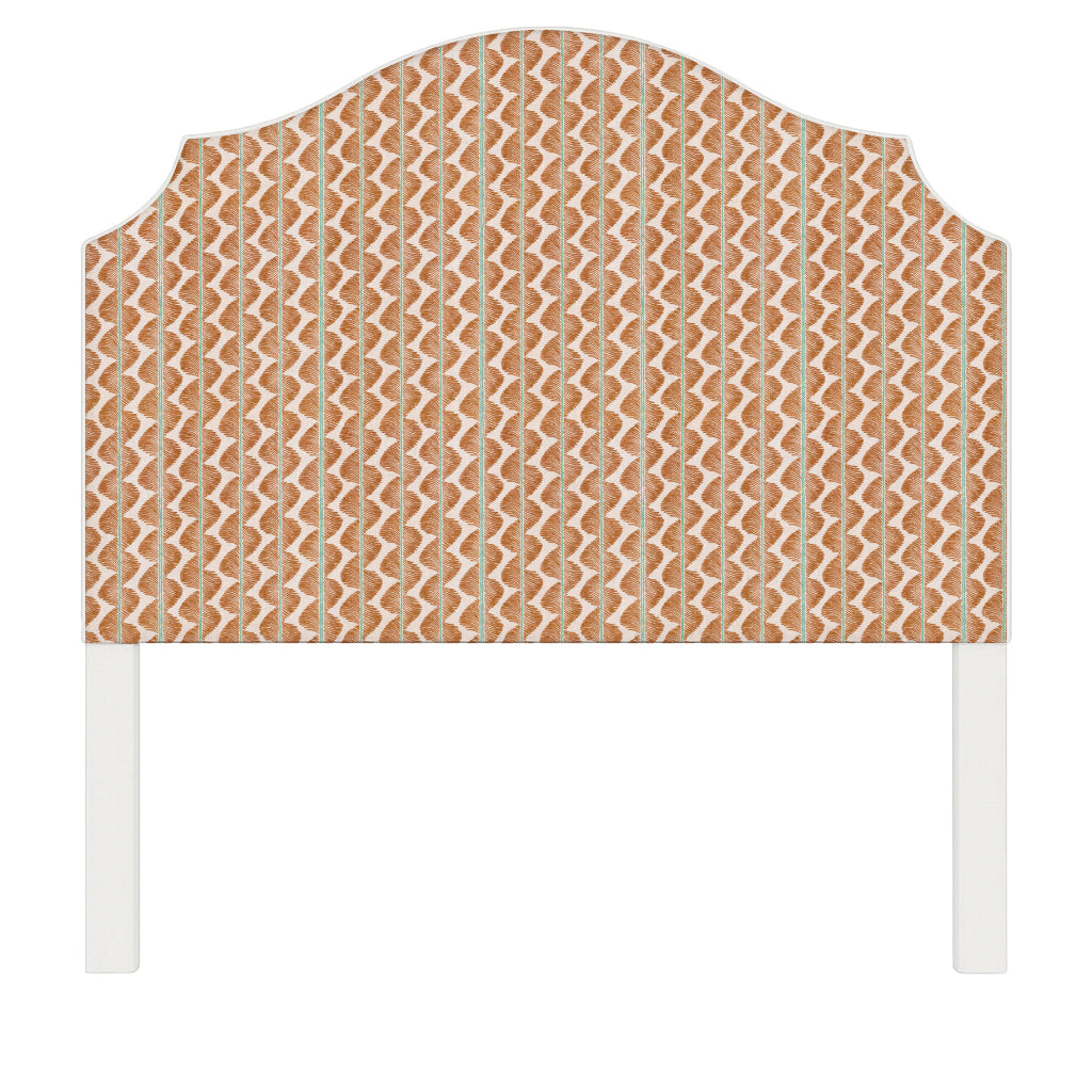 Bella upholstered headboard in Fabric&Frame Buxton Blue, shown on a white bed base in a modern bedroom.