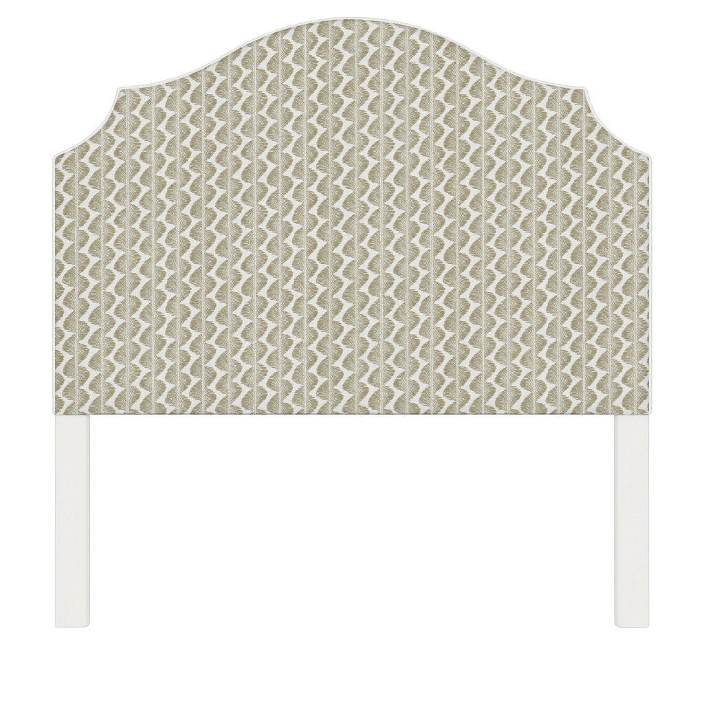 Bella upholstered headboard in Fabric&Frame Buxton Blue, shown on a white bed base in a modern bedroom.