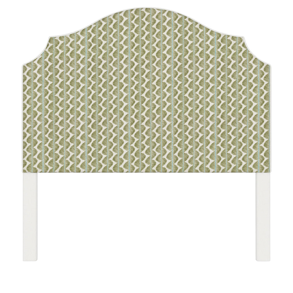 Bella upholstered headboard in Fabric&Frame Buxton Blue, shown on a white bed base in a modern bedroom.