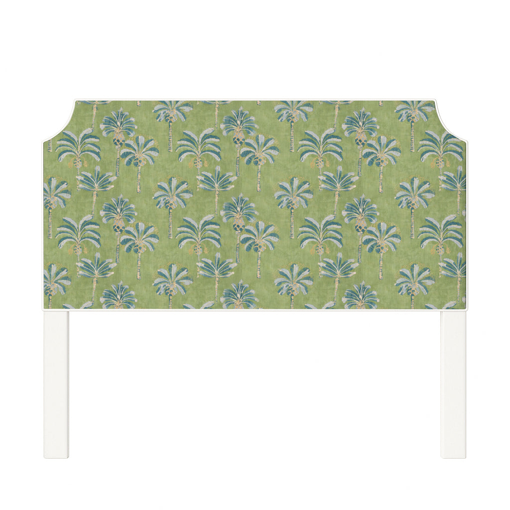 Charlotte upholstered headboard in Fabric&Frame Oasis, shown on a white bed base in a modern bedroom.