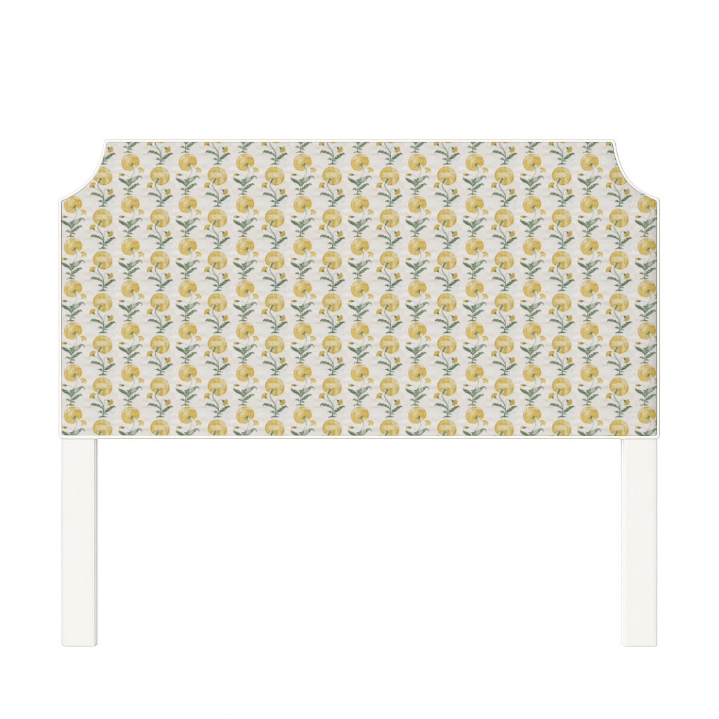 Charlotte upholstered headboard in Fabric&Frame Ochre, shown on a white bed base in a modern bedroom.