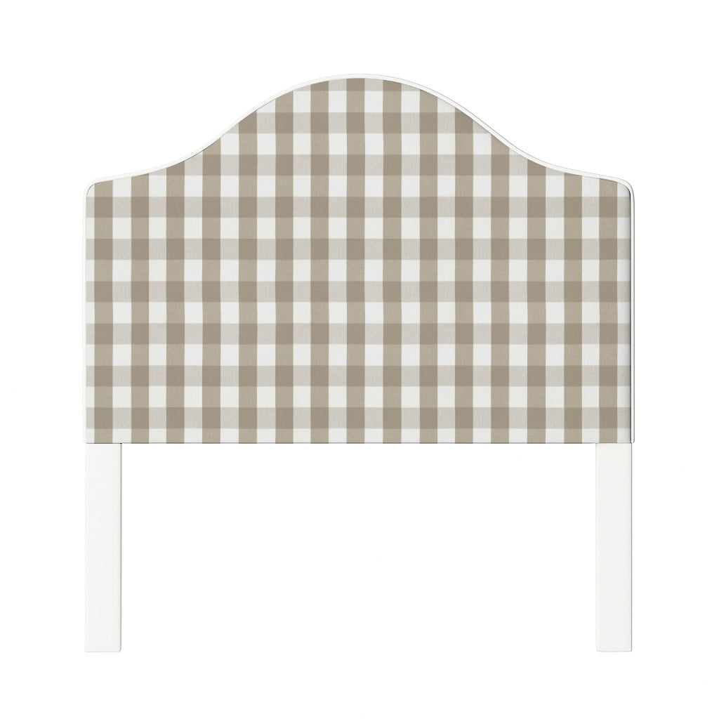 Daisy upholstered headboard in Fabric&Frame Indigo, shown on a white bed base in a modern bedroom.