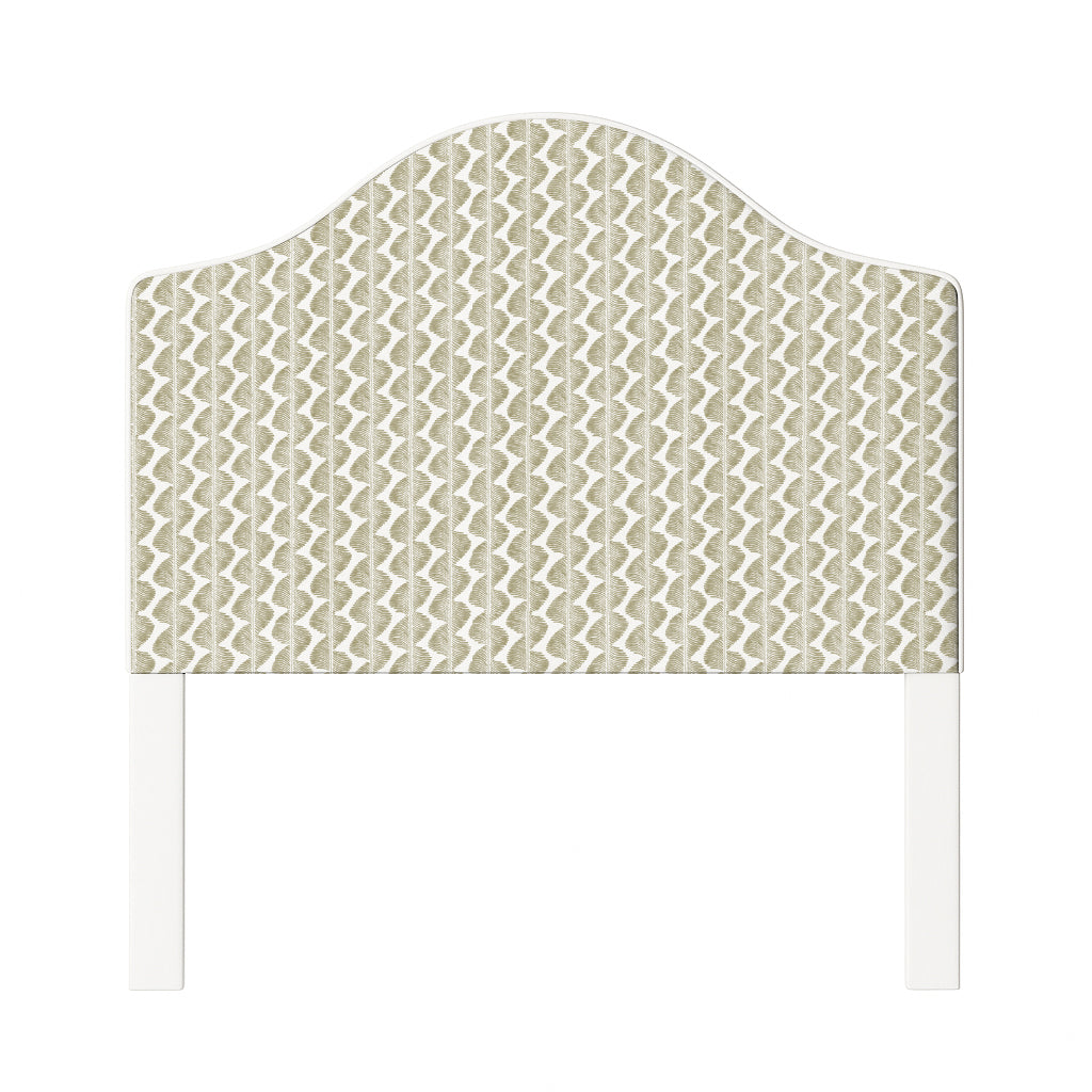 Daisy upholstered headboard in Fabric&Frame Buxton Blue, shown on a white bed base in a modern bedroom.