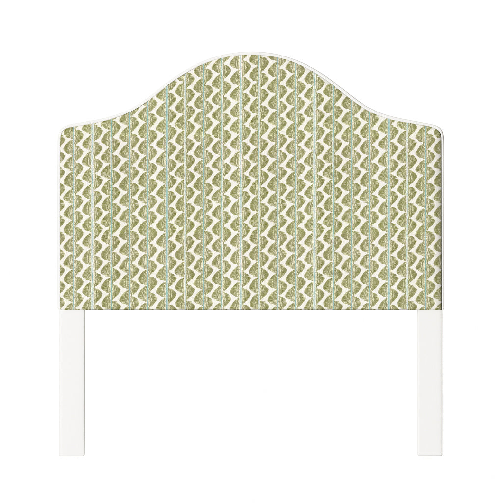 Daisy upholstered headboard in Fabric&Frame Buxton Blue, shown on a white bed base in a modern bedroom.