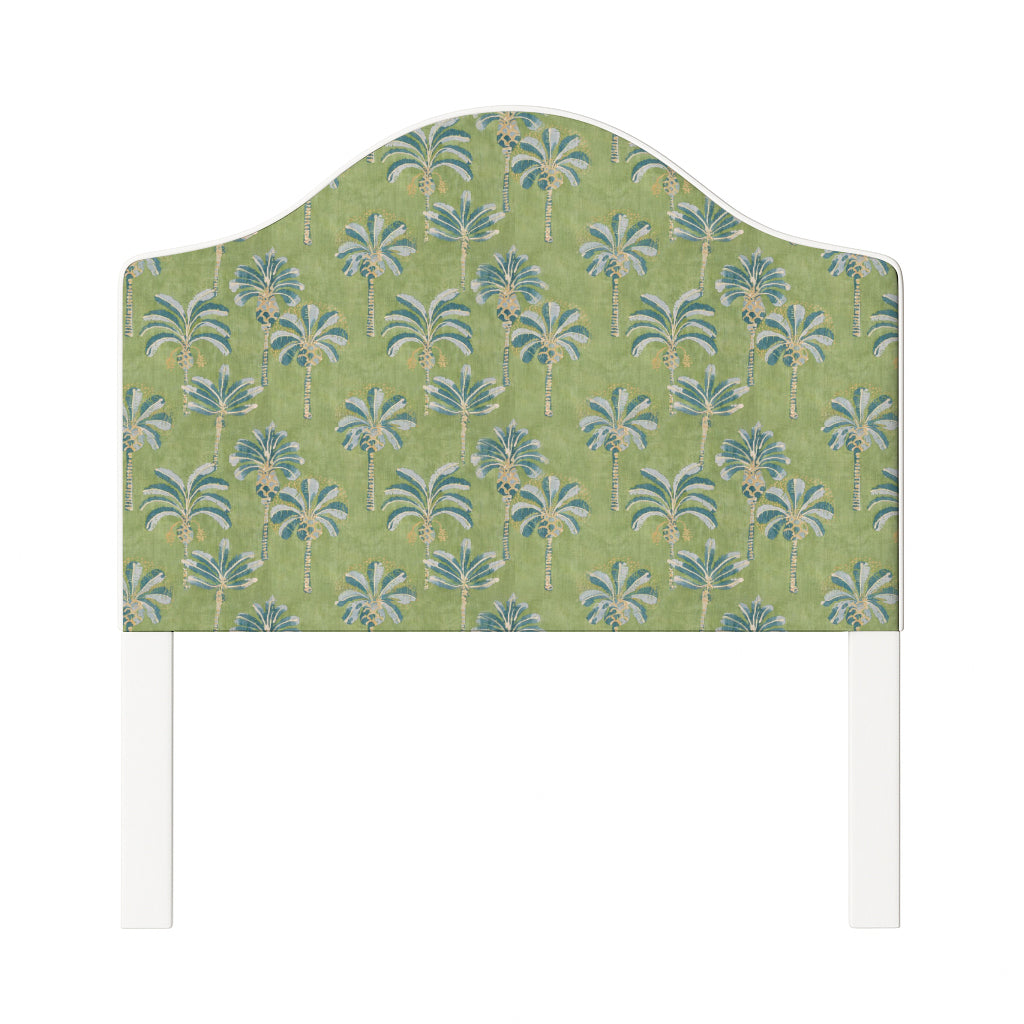 Daisy upholstered headboard in Fabric&Frame Oasis, shown on a white bed base in a modern bedroom.