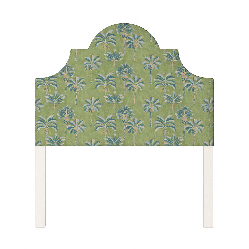 Florence upholstered headboard in Fabric&Frame Oasis, shown on a white bed base in a modern bedroom.