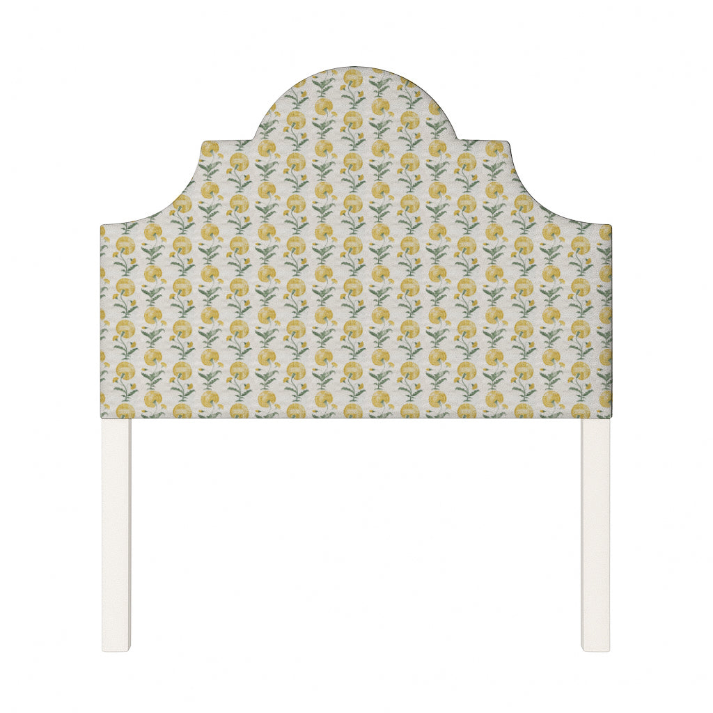 Florence upholstered headboard in Fabric&Frame Ochre, shown on a white bed base in a modern bedroom.