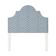Florence upholstered headboard in Fabric&Frame Buxton Blue, shown on a white bed base in a modern bedroom.