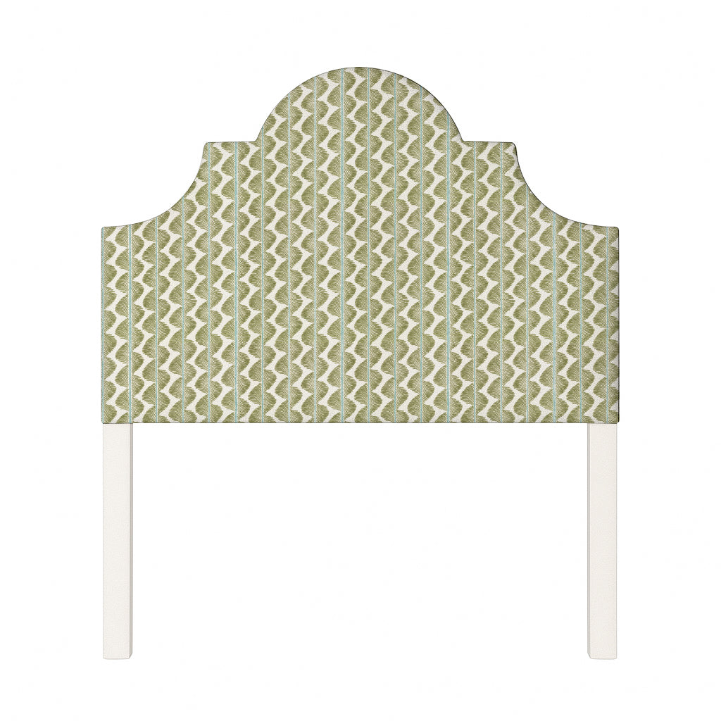Florence upholstered headboard in Fabric&Frame Buxton Blue, shown on a white bed base in a modern bedroom.