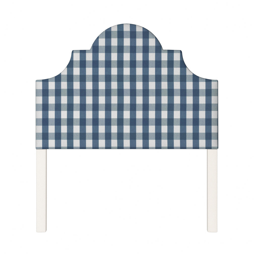 Florence upholstered headboard in Fabric&Frame Indigo, shown on a white bed base in a modern bedroom.