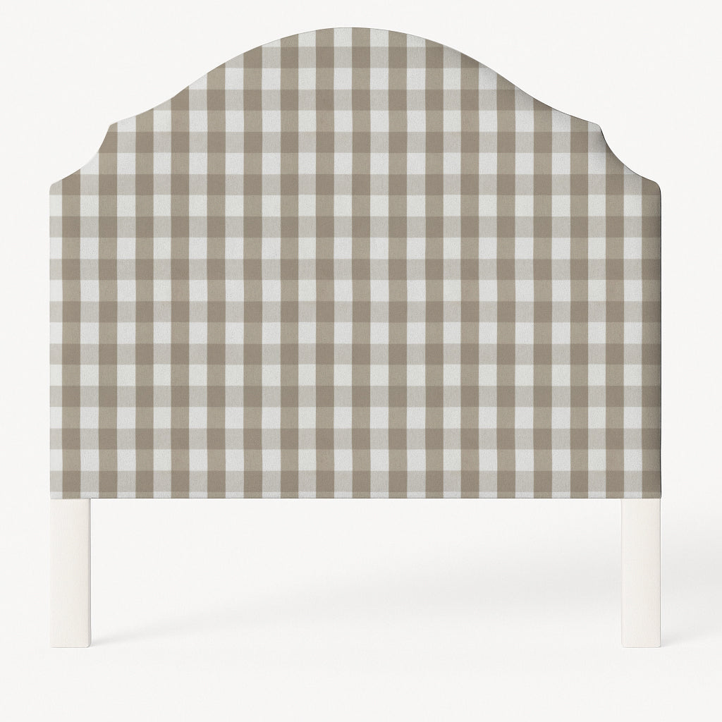 Grace upholstered headboard in Fabric&Frame Indigo, shown on a white bed base in a modern bedroom.