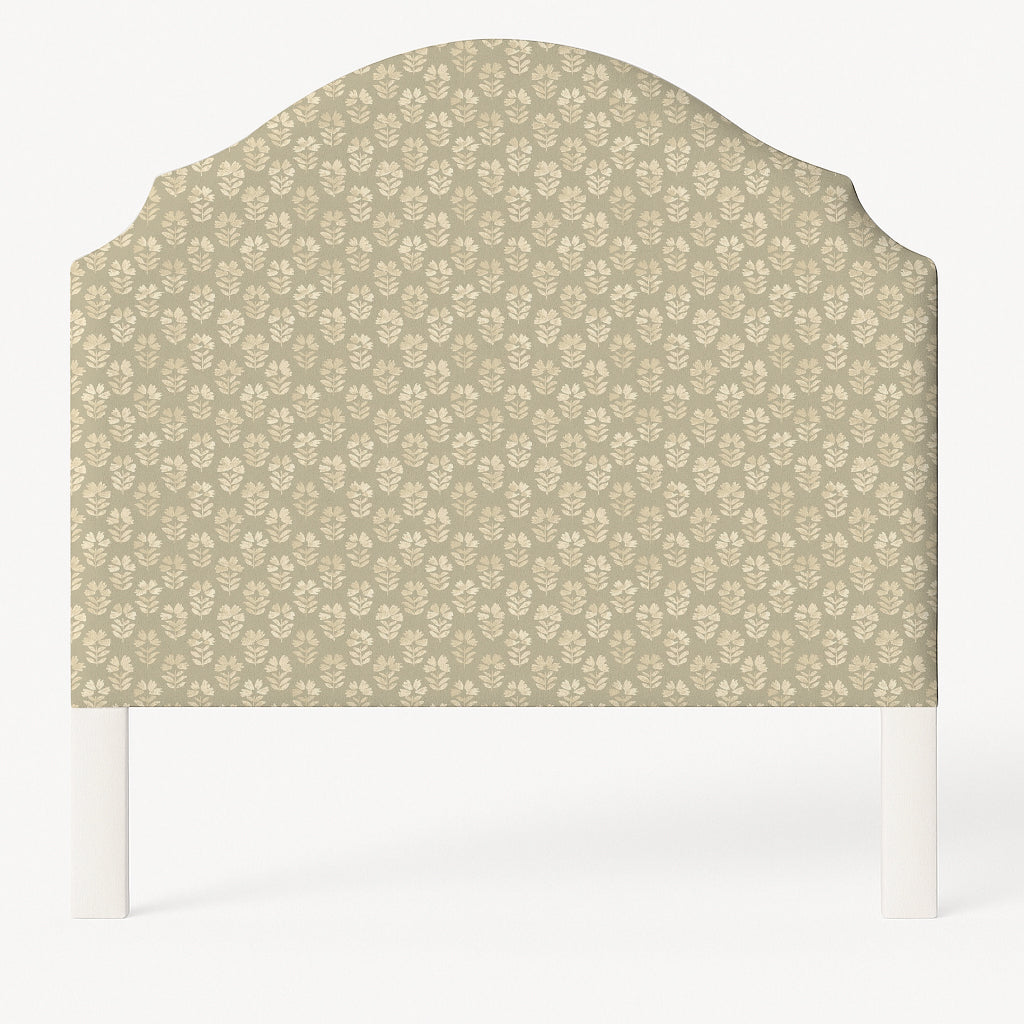 Grace upholstered headboard in Fabric&Frame Natural, shown on a white bed base in a modern bedroom.