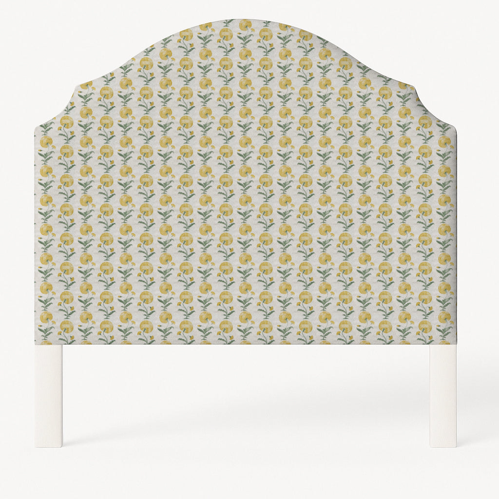 Grace upholstered headboard in Fabric&Frame Ochre, shown on a white bed base in a modern bedroom.