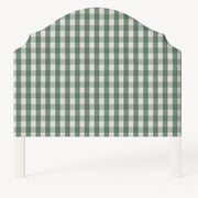 Grace upholstered headboard in Fabric&Frame Indigo, shown on a white bed base in a modern bedroom.
