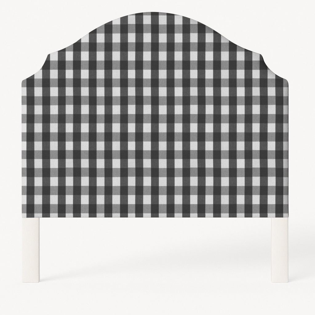 Grace upholstered headboard in Fabric&Frame Indigo, shown on a white bed base in a modern bedroom.