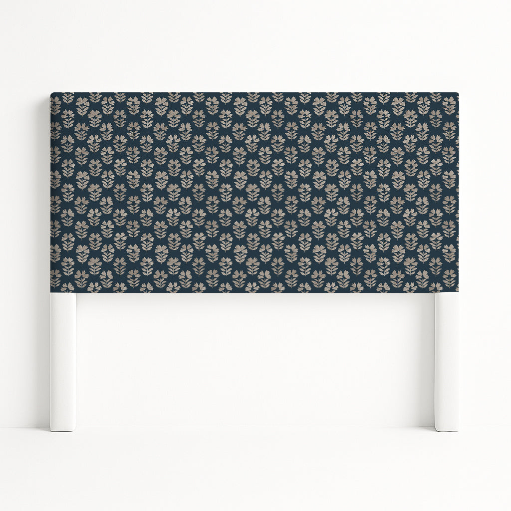 Iris upholstered headboard in Fabric&Frame Natural, shown on a white bed base in a modern bedroom.