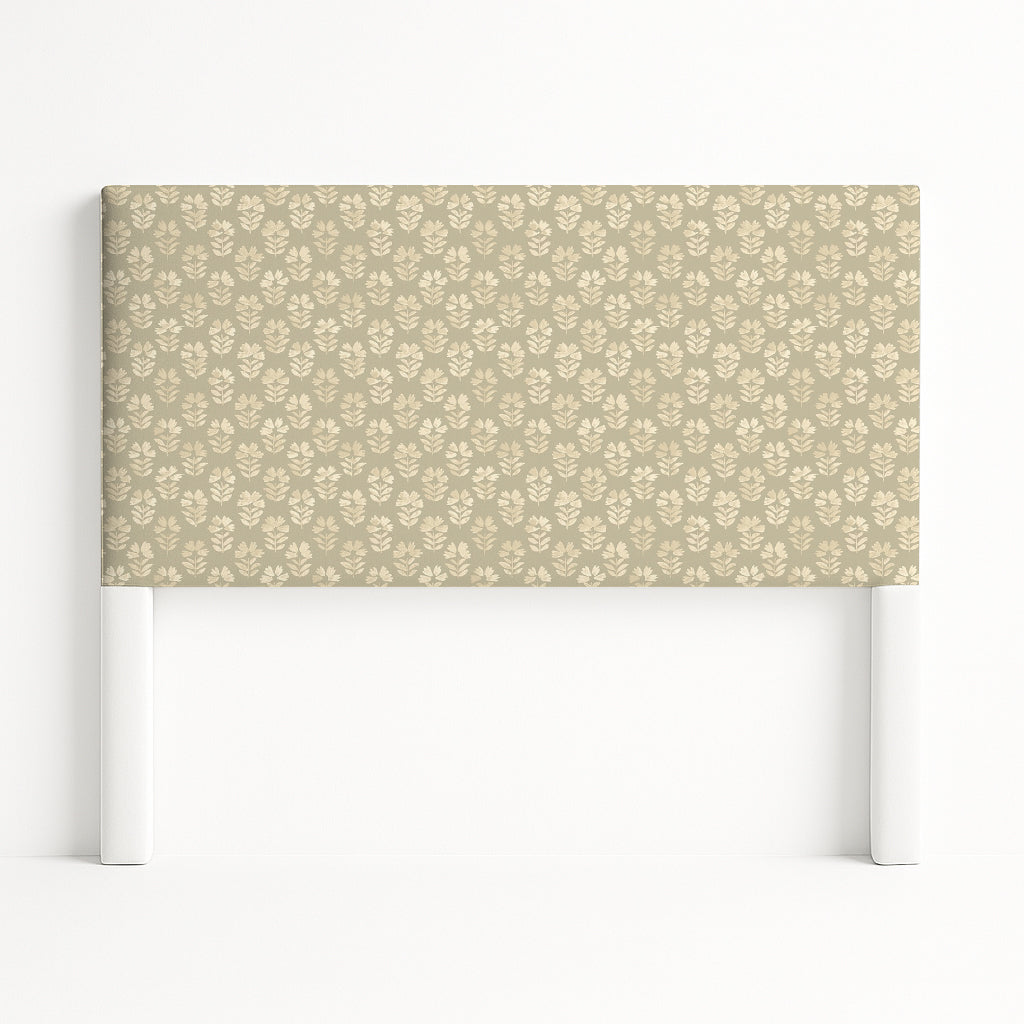 Iris upholstered headboard in Fabric&Frame Natural, shown on a white bed base in a modern bedroom.