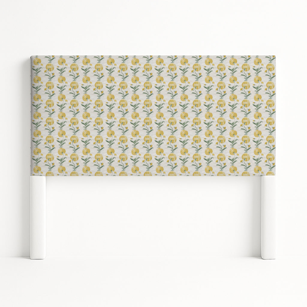 Iris upholstered headboard in Fabric&Frame Ochre, shown on a white bed base in a modern bedroom.
